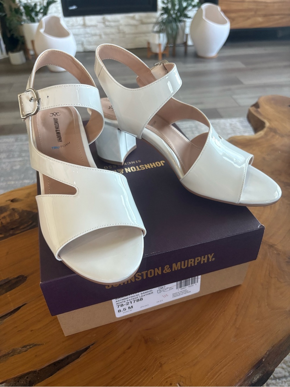Johnston & Murphy White Patent Leather Block Heel Slingback Sandals